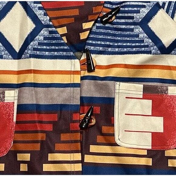 AZTEC PRINT ￼ Womens Hooded Poncho Coat Lined Horn Buttons Closure 3XL Warm - Picture 10 of 15